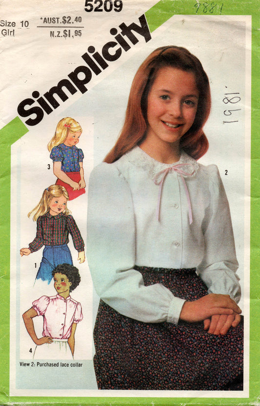 Patrón de costura vintage de los años 80 para blusas con mangas abullonadas para niñas Simplicity 5209, talla 10, sin cortar, doblado de fábrica