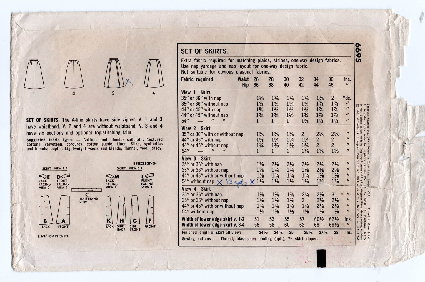 Simplicity 6695 Womens Classic A Line Skirts 1960s Vintage Sewing Pattern Waist 26 inches