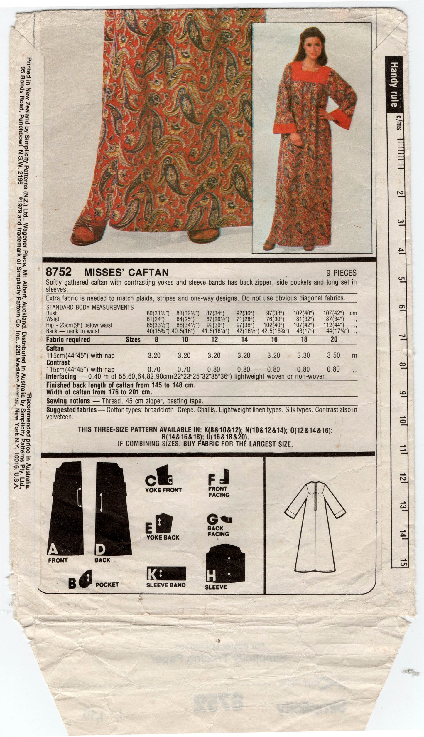 Simplicity 8752 Womens Maxi Caftan with Contrast Trim & Pockets 1970s Vintage Sewing Pattern Size 10 - 14