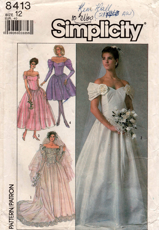 Simplicity 8413 Womens Off The Shoulder Wedding Bridesmaids Dress 1980s Vintage Sewing Pattern Size 12 or 14