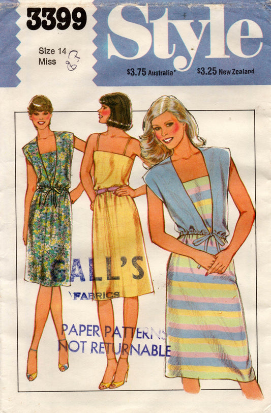 Patrón de costura vintage de los años 80 para vestido y pareo estilo 3399 para mujer, talla 14, busto de 36 pulgadas, sin cortar, doblado de fábrica