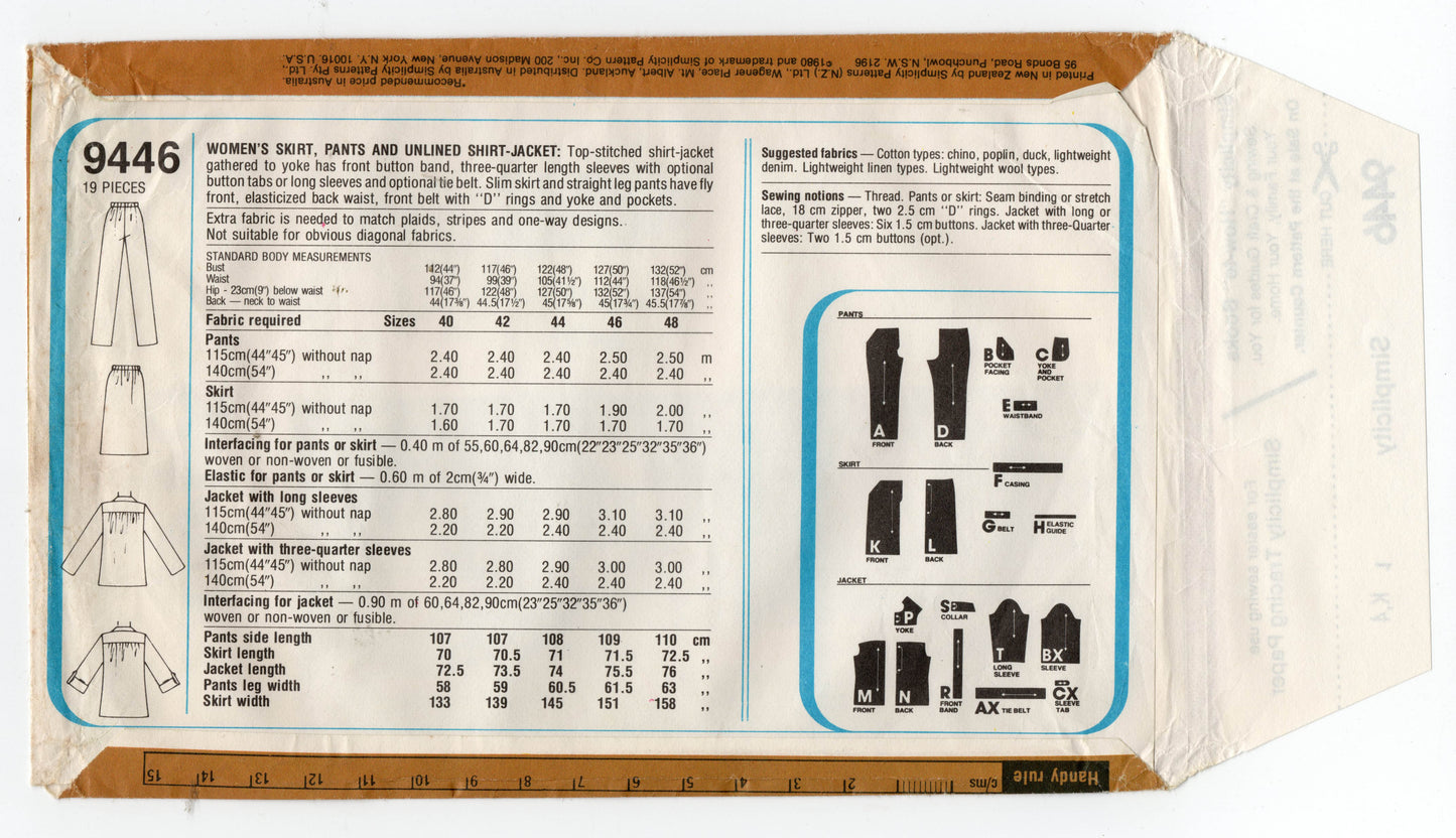 Simplicity 9446 Womens PLUS SIZE Shirt Skirt & Pants 1980s Vintage Sewing Pattern Size 44 Bust 48 inches UNCUT Factory Folded