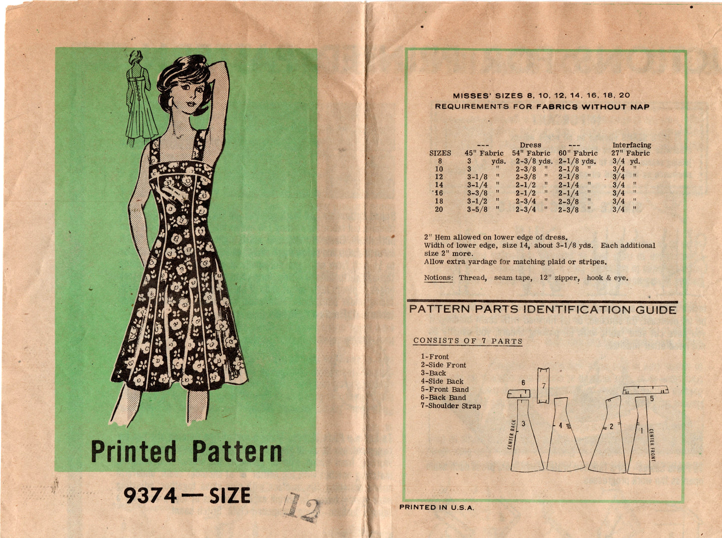 Mail Order 9374 Womens Sundress 1970s Vintage Sewing Pattern Size 12 Bust 34 Inches