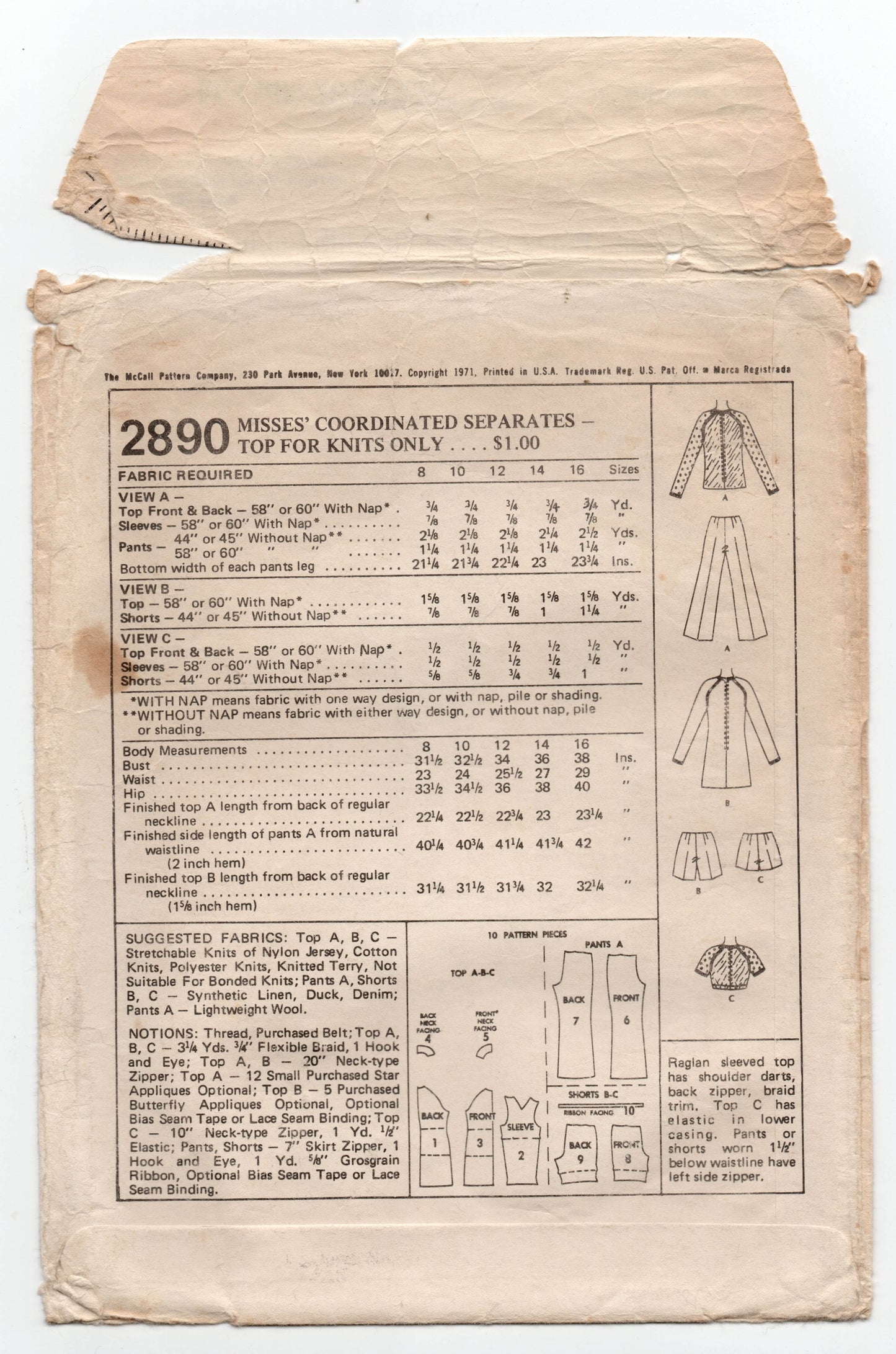 McCall's 2890 Womens Shorts Pants & Stretch Tops 1970s Vintage Sewing Pattern Size 8