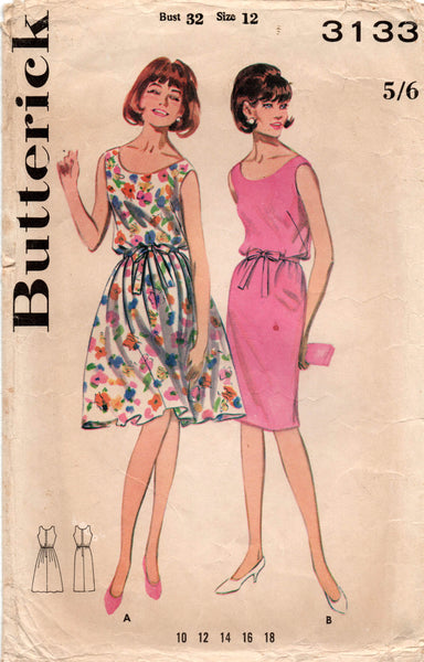 Butterick 3133 Womens or Teens Full Skirt or Sheath Dress 1960s Vintage Pattern Size 12 Bust 32 inches