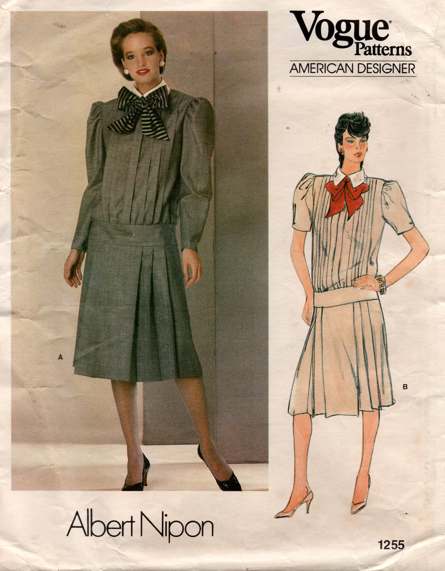 Vogue American Designer 1255 ALBERT NIPON Womens Drop Waisted Pleated Dress 1980s Vintage Sewing Pattern Size 14 UNCUT Factory Folded