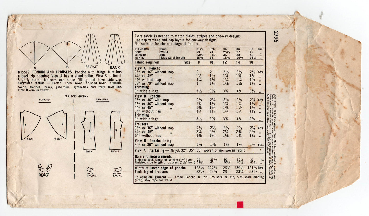 Style 2796 Womens Poncho / Beach Cover Up & Pants 1970s Vintage Sewing Pattern Size 12 or 14