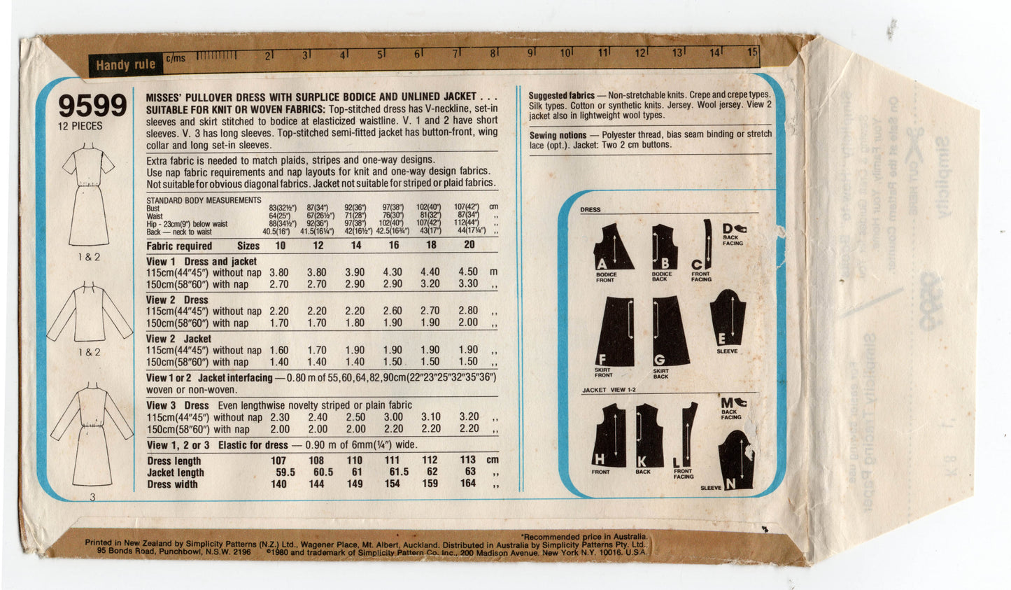 Simplicity 9599 Womens Wrap Bodice Dress & Jacket 1980s Vintage Sewing Pattern Size 12 UNCUT Factory Folded