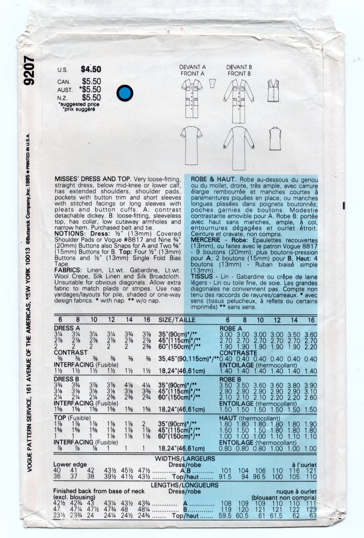 Vogue 9207 Womens Straight Dress & Blouse 1980s Vintage Sewing Pattern Size 12 - 16 UNCUT Factory Folded