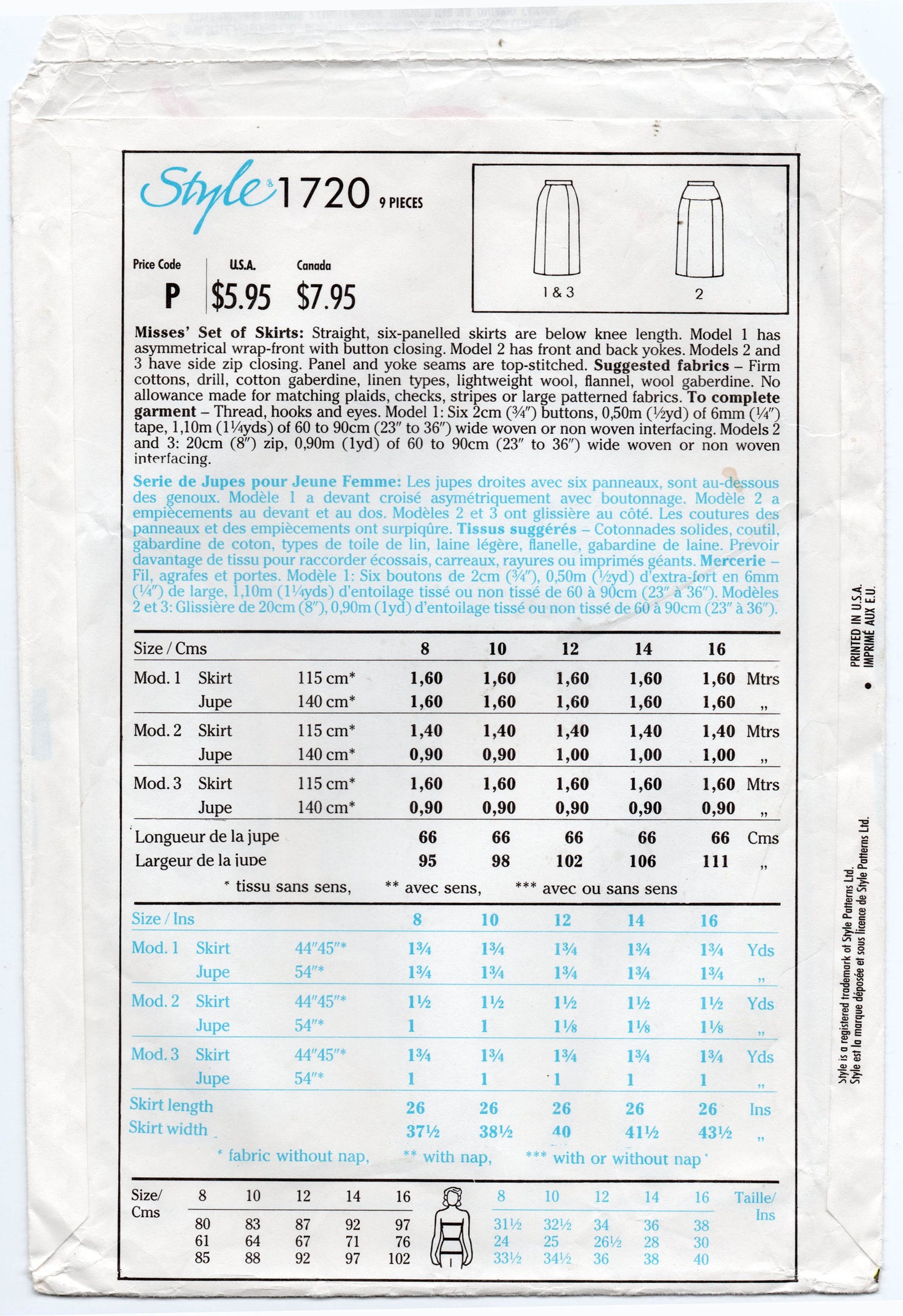 Style 1720 Womens High Waisted Slim Skirts 1990s Vintage Sewing Pattern Size 12 Waist 26.5 inches