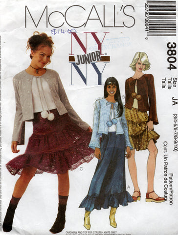 McCall's 3804 NY NY Junior Girls Tiered Skirts Stretch Top & Cardigan Out Of Print Sewing Pattern Size 3 - 10 UNCUT Factory Folded