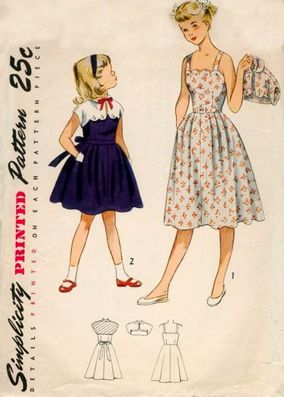 Simplicity 3499 Girls Scalloped Edge Full Skirt Party Dress & Button On Bolero 1950s Vintage Sewing Pattern Size 8 or 10