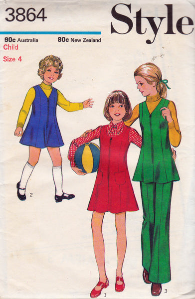 Style 3864 Girls Zip Front Tunic or Jumper & Pants 1970s Vintage Sewing Pattern Size 4