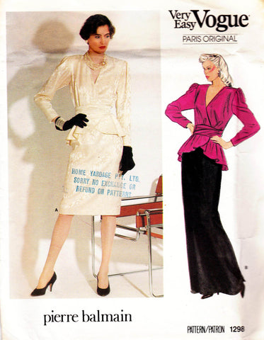 Vogue Paris Original 1298 PIERRE BALMAIN Womens Wrap Peplum Top & Skirt 1980s Vintage Sewing Pattern Size 8 UNCUT Factory Folded
