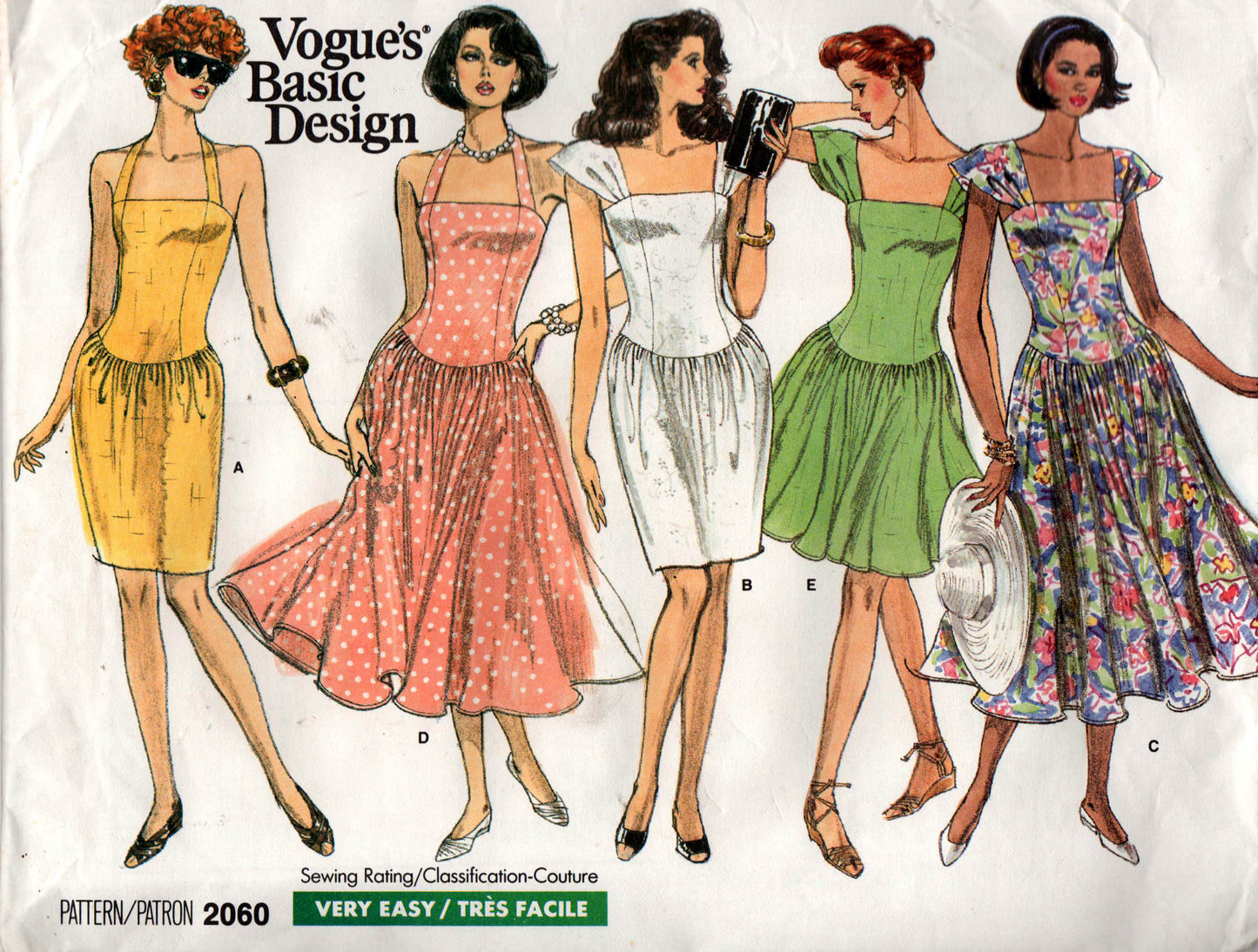 Vogue Basic Design 2060 Womens Dropped Waist Halter or Cap Sleeved Dress 1980s Vintage Sewing Pattern Size 8 UNCUT Factory Folded