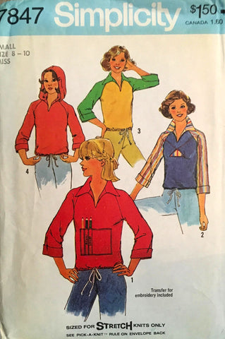 Simplicity 7847 Womens Stretch Pullover Tops & Hoodie 1970s Vintage Sewing Pattern Small 8 - 10 UNCUT Factory Folded NO ENVELOPE