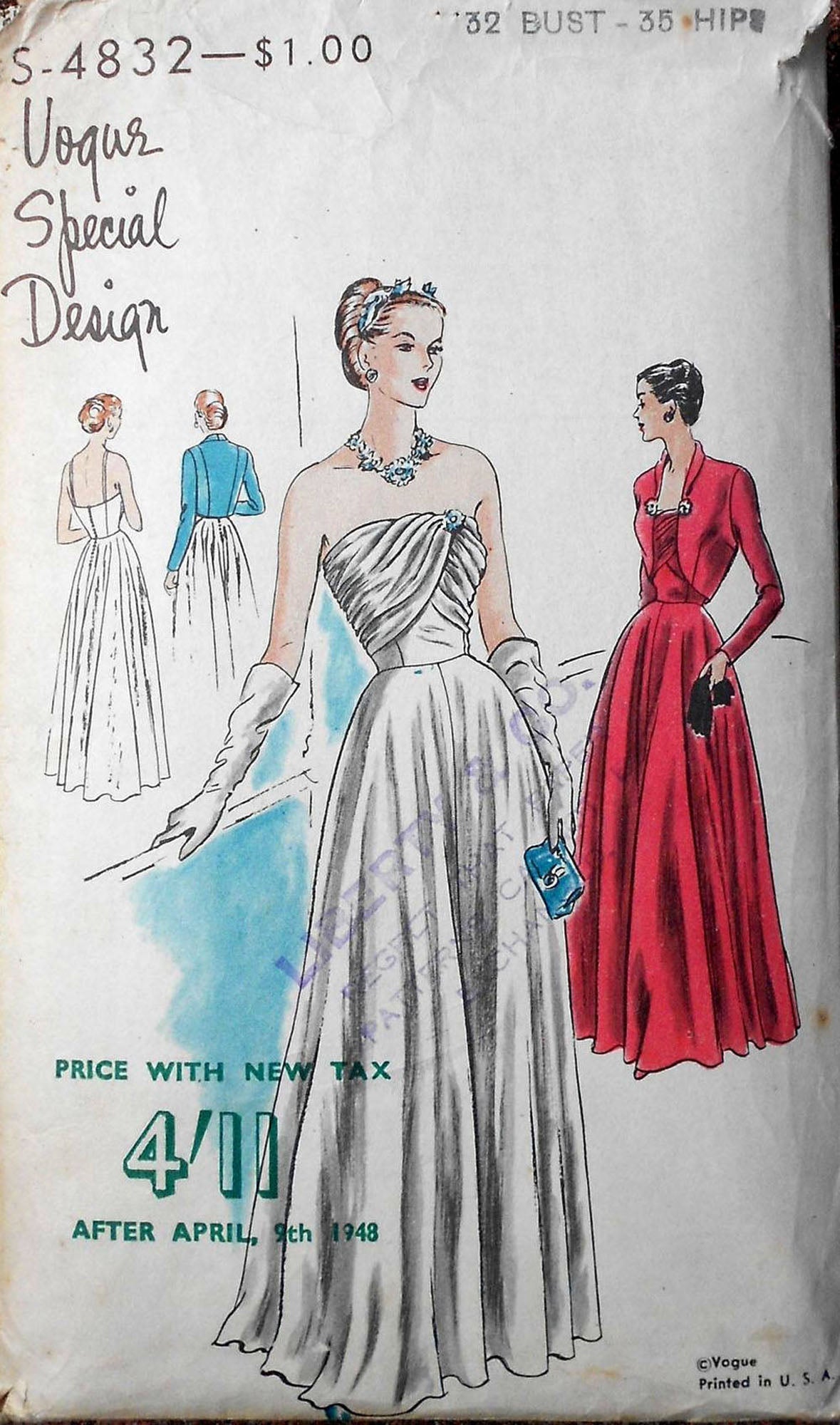 Vogue Special Design 4832 Womens Draped Cocktail Gown & Bolero Wedding Formal Dress 1940s Vintage Sewing Pattern Size 14 Bust 32 inches