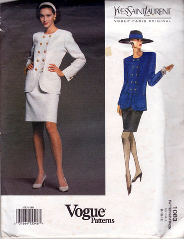 Vogue Paris Original 1083 YVES SAINT LAURENT Womens Double Breasted Hip Length Jacket & Skirt 1990s Vintage Sewing Pattern Sizes 8 - 12 UNCUT Factory Folded