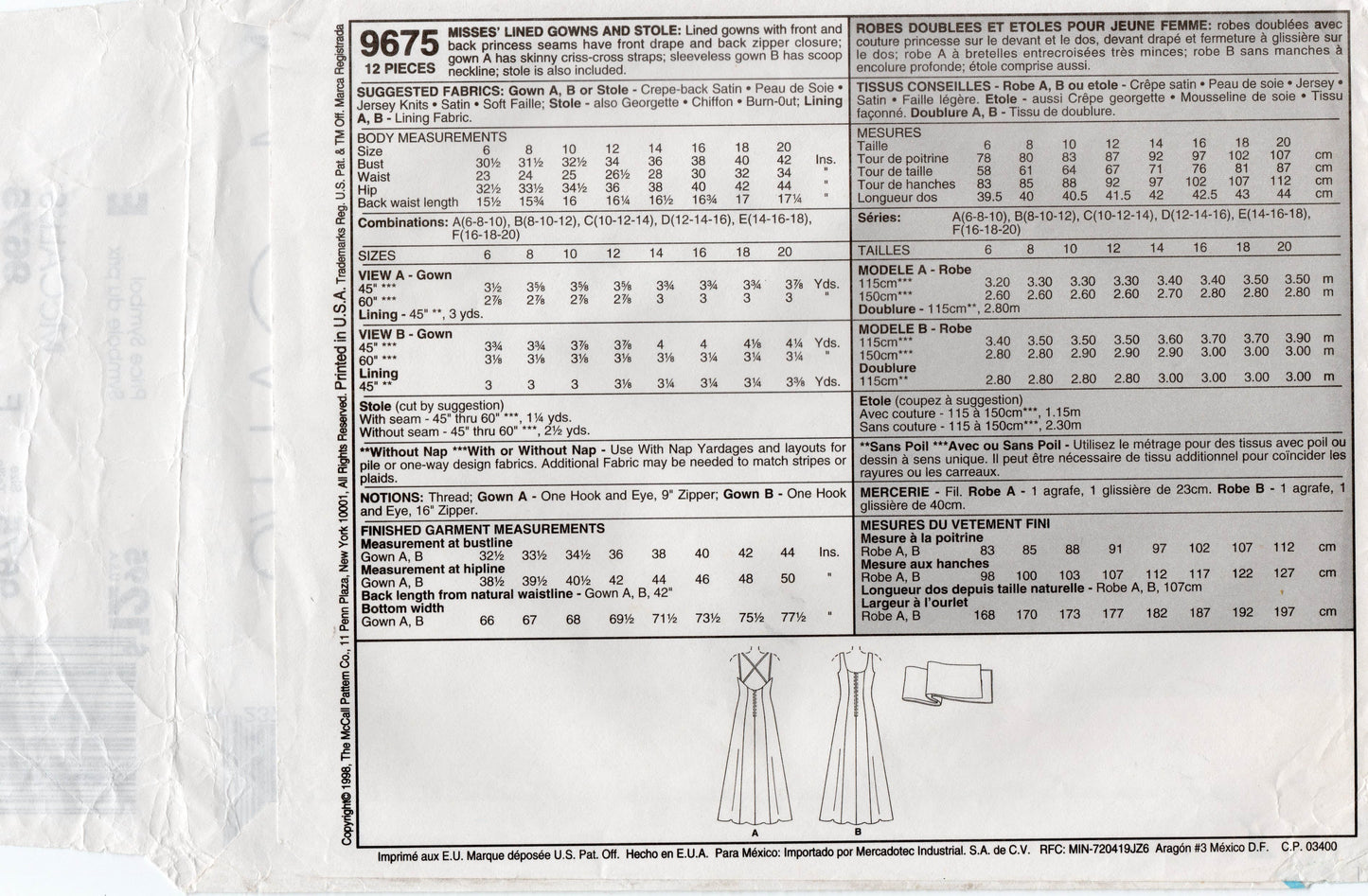 Patrón de costura vintage de los años 90 para vestido de cóctel y estola con forro elegante de noche para mujer McCall's 9675, talla 16-20, sin cortar, doblado de fábrica