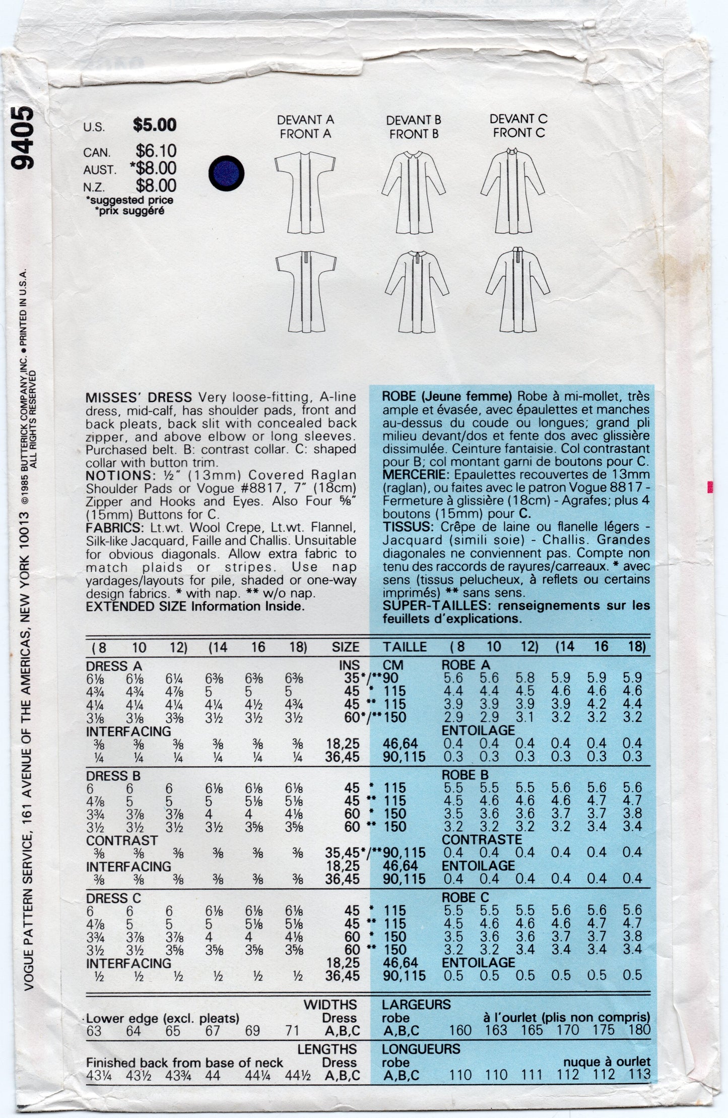 Vogue 9405 Womens Pleat Front Dress 1980s Vintage Sewing Pattern Size 8 - 12 UNCUT Factory Folded