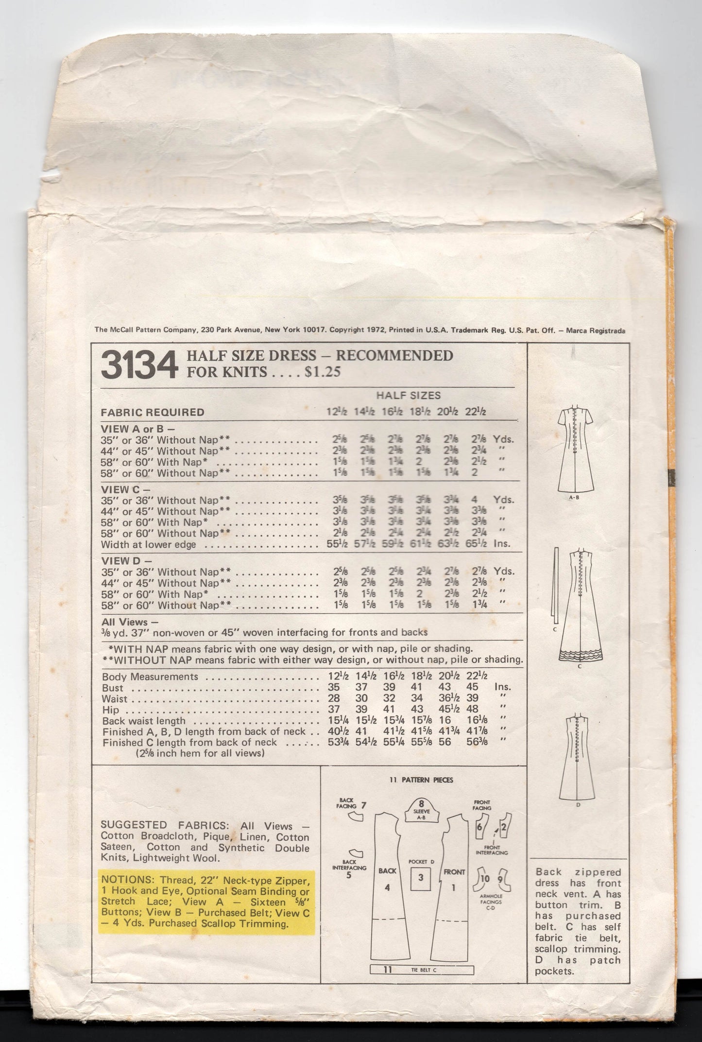 McCall's 3134 Womens Half Sized Fit & Flared Dresses 1970s Vintage Sewing Pattern Size 14 1/2 Bust 37 inches