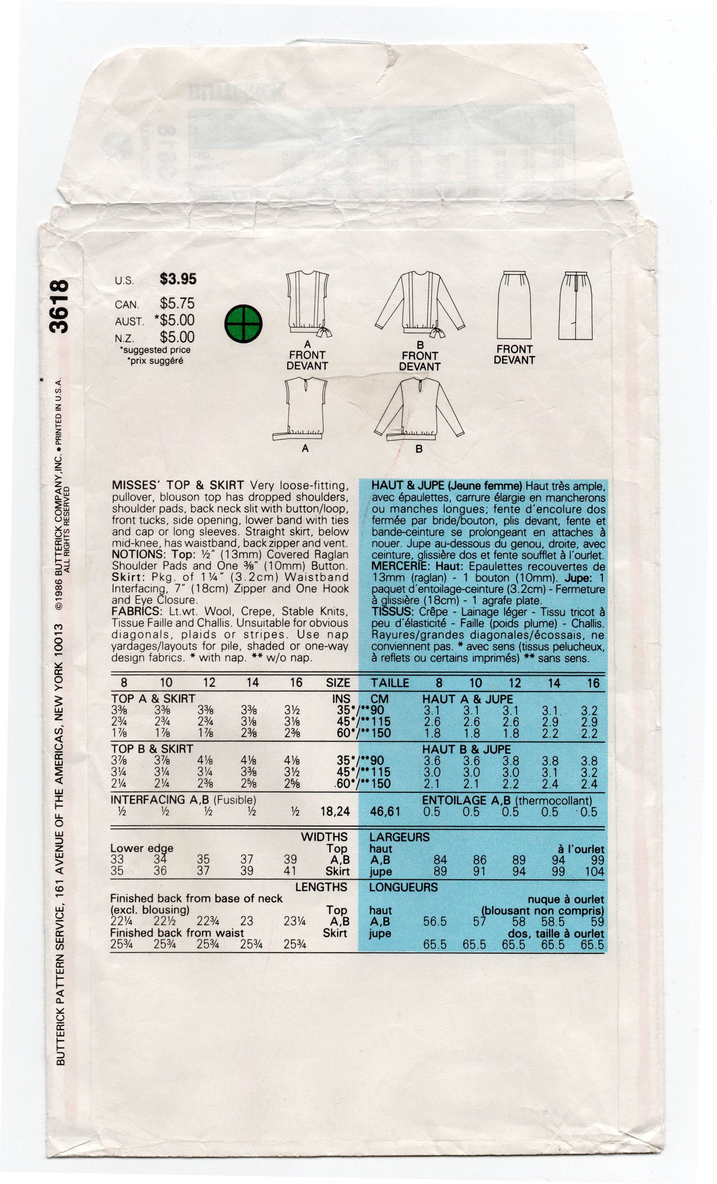 Butterick 3618 Womens Drop Waisted Top & Skirt 1980s Vintage Sewing Pattern Size 16 Bust 38 inches