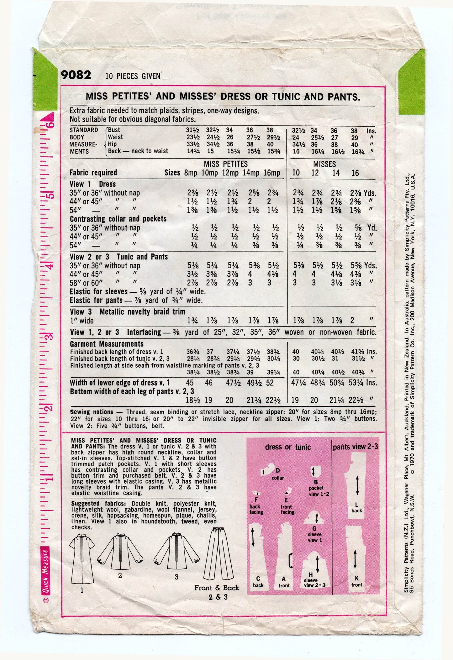 Simplicity 9082 Womens Dress Tunic & Pants 1970s Vintage Sewing Pattern Size 14 Bust 36 inches