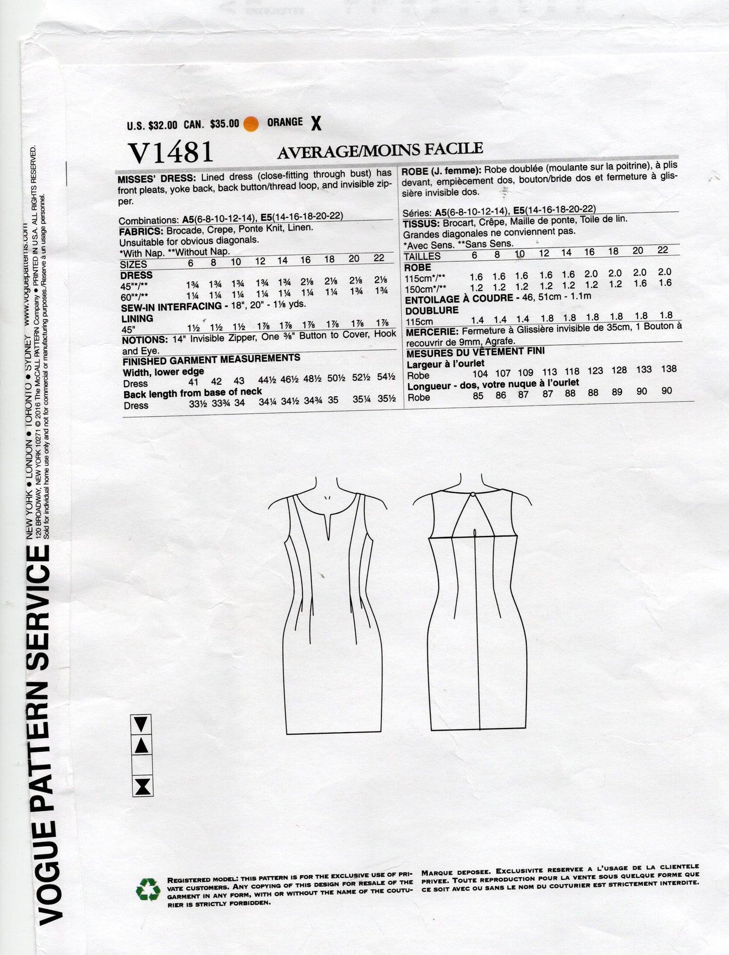 Patrón de costura para vestido de noche con pliegues en la parte delantera y abertura en la espalda para mujer de Vogue American Designer 1481 KAY UNGER, sin estampado, talla 14-22, doblado de fábrica sin cortar