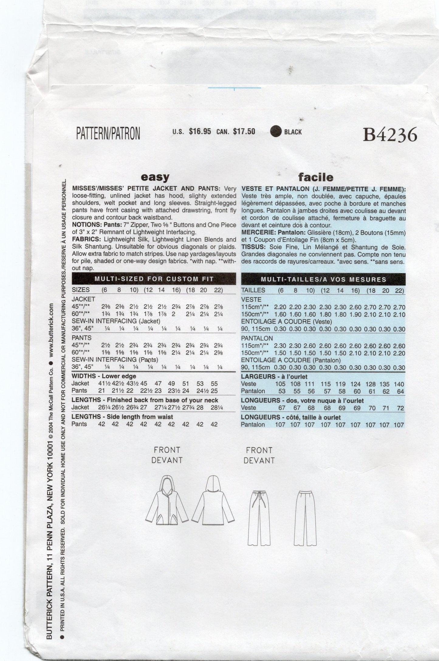 Butterick 4236 ELLEN TRACY Womens Casual Hoodie Jacket & Pants Out Of Print Sewing Pattern Size 18 - 22 UNCUT Factory Folded