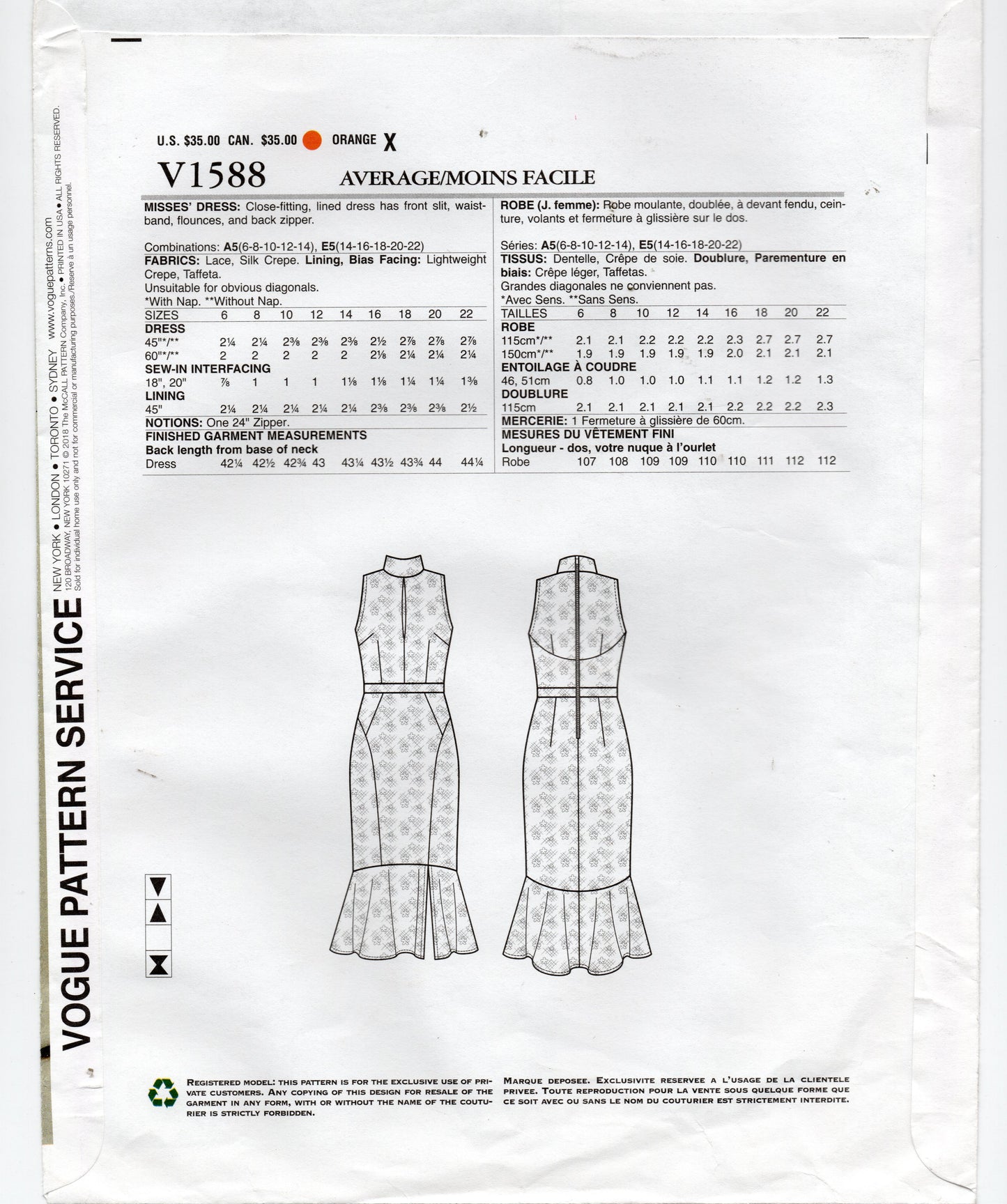 Vogue Designer Original V1588 REBECCA VALLANCE Womens Lined Evening Flounced Sheath Dress Out Of Print Sewing Pattern Size 6 - 14 UNCUT Factory Folded