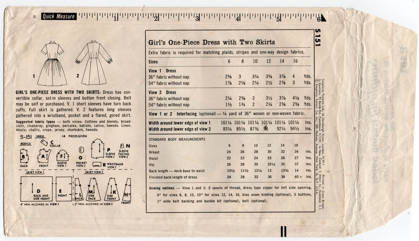 Simplicity s.151 Girls Full Skirt Rockabilly Shirtwaist Dress 1960s Vintage Sewing Pattern Size 8 Breast 26 inches UNUSED Factory Folded