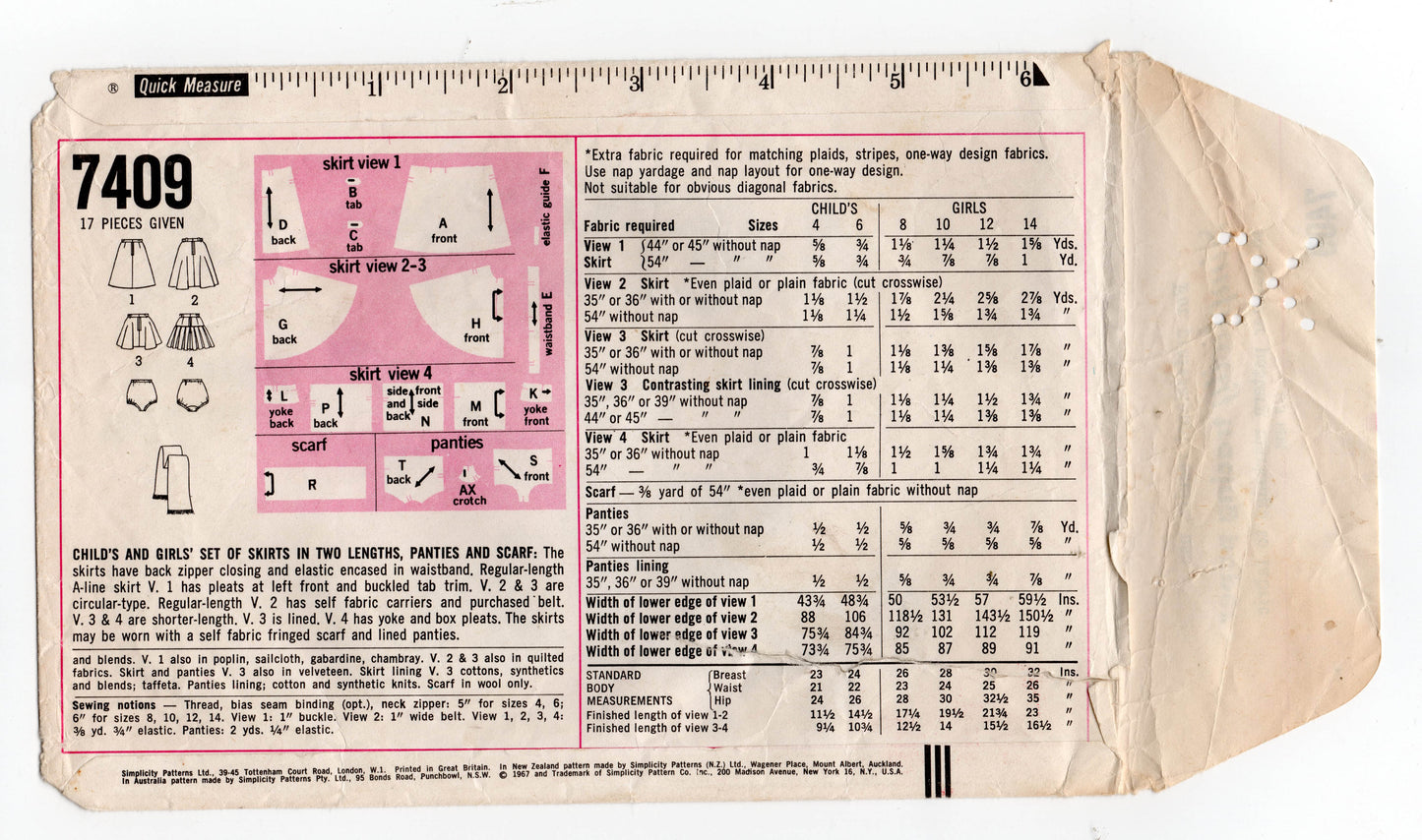 Simplicity 7409 Girls Skirts Panties & Scarf 1960s Vintage Sewing Pattern Size 6 Waist 22 inches