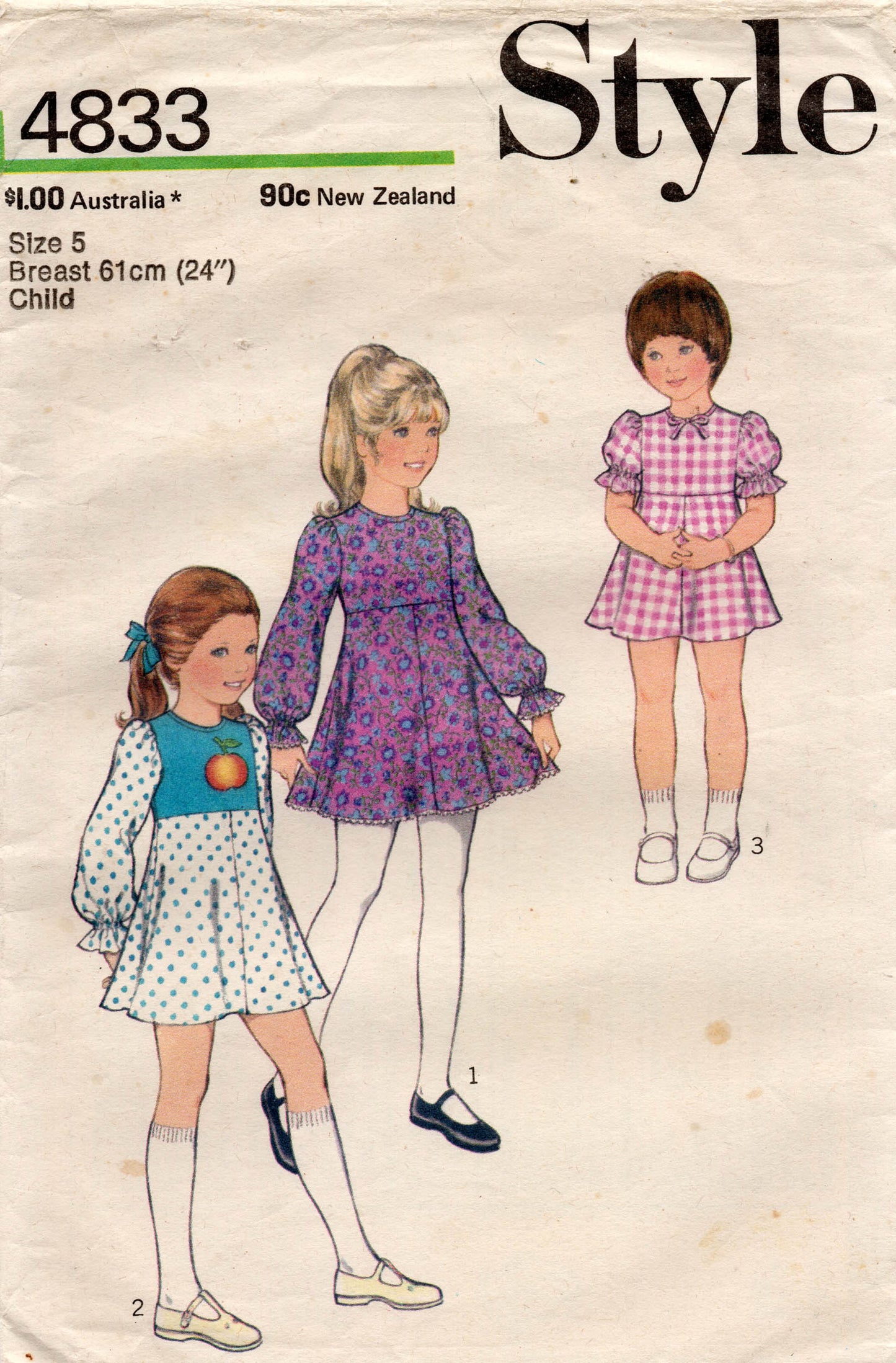 Style 4833 Toddler Girls Puff Sleeved Mini Dress 1970s Vintage Sewing Pattern Size 3 or 5