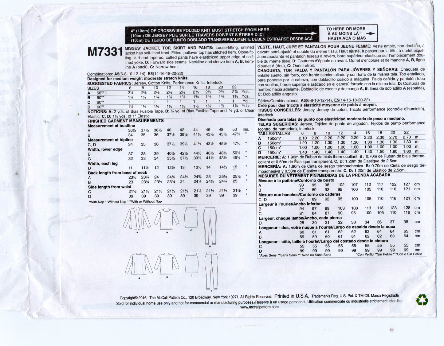 McCall's M7331 Womens Stretch Leggings Top Jacket & Skirt Sewing Pattern Sizes 6 - 14 UNCUT Factory Folded