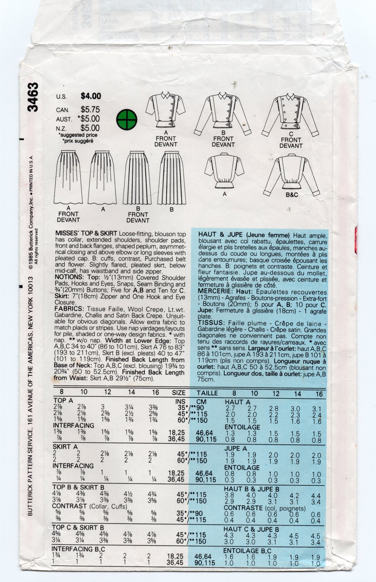 Butterick 3463 Womens Button Trimmed Peplum Top & Pleated Skirt 1980s Vintage Sewing Pattern Size 12 Bust 34 inches