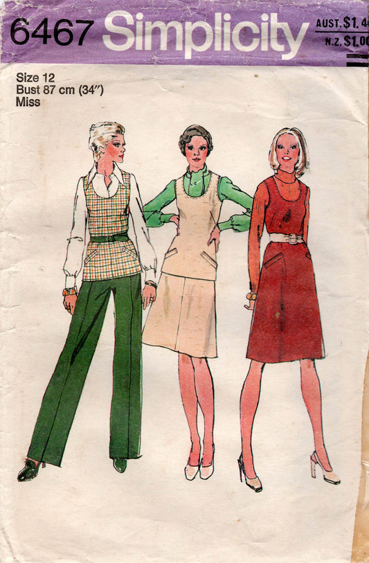 simplicity 6467 70s dress top pants skirt