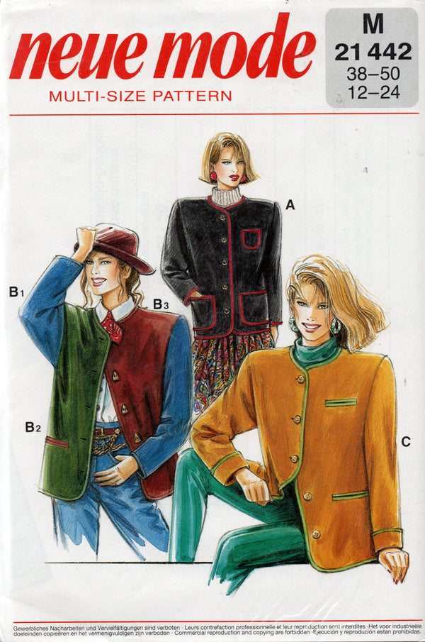 Neue Mode M 21442 Womens Box Jackets with Contrast Binding 1980s Vinta ...