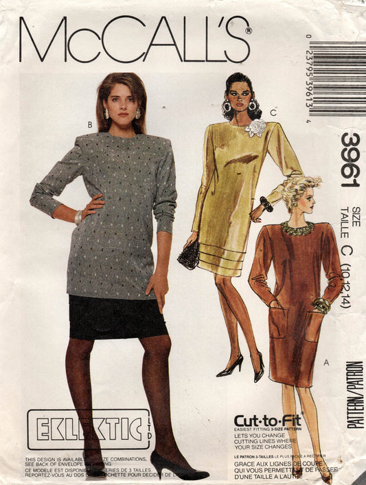 Patrón de costura vintage de los años 90 para vestido, falda y parte superior de tela EKLEKTIC 3961 de McCall, para mujer, talla 10 a 14, sin cortar, doblado de fábrica