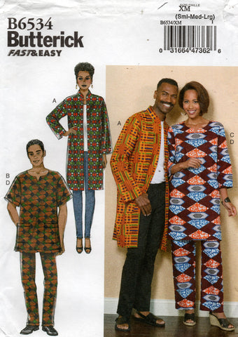 Butterick 6534 EASY Unisex Casual Coat Caftan Top & Pants Out Of Print Sewing Pattern Size S - L UNCUT Factory Folded