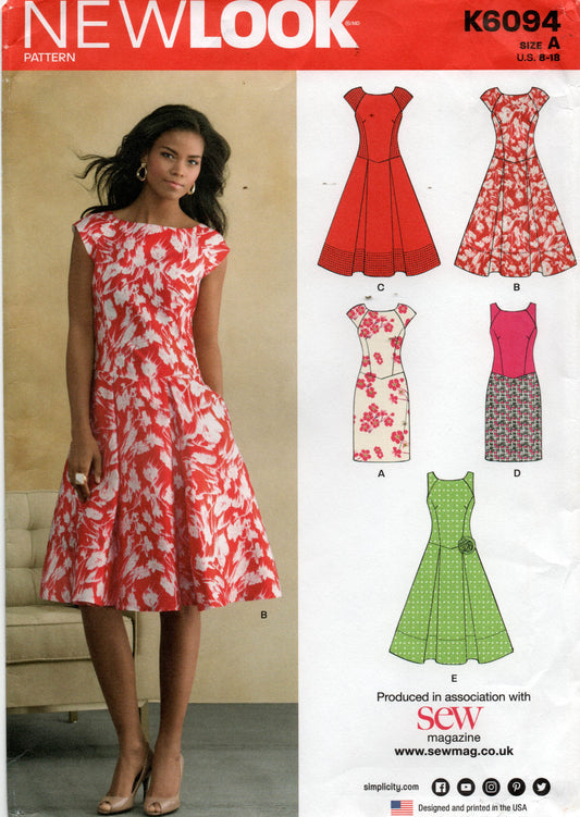 New Look 6094 Womens EASY Princess Fit & Flared Dress Out Of Print Sewing Pattern Size 8 - 18 UNCUT Factory Folded