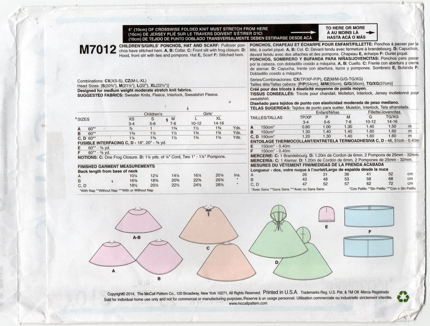 McCall's M7012 EASY Girls Teens Ponchos Hat & Scarf Sewing Pattern UNCUT Factory Folded