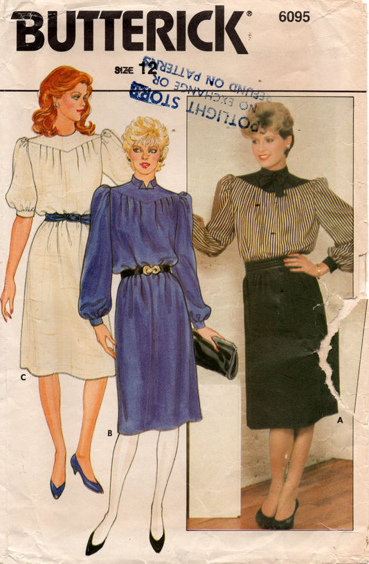 Butterick 6095 Womens Tucked Front Puffy Sleeved Dress 1980s Vintage Sewing Pattern Size 12 Bust 34 inches