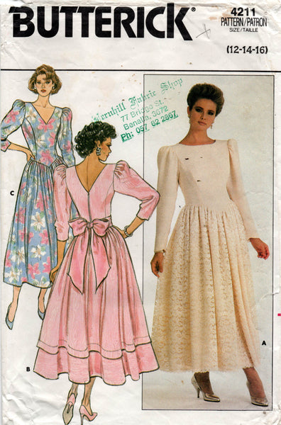 Butterick 4211 Womens Puff Sleeved Full Skirt Evening Dress 1980s Vintage Sewing Pattern Size 12 - 16