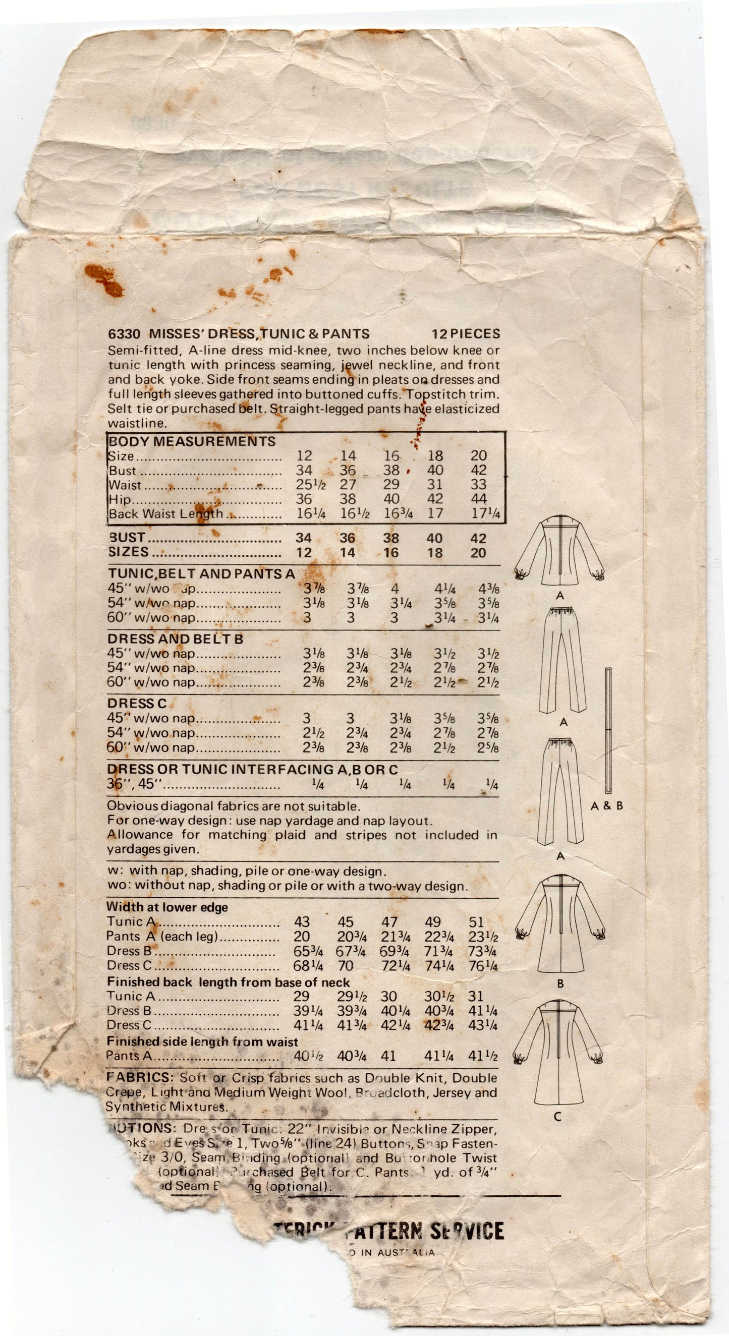 Butterick 6330 Womens Pleat Front Dress Tunic & Pants 1970s Vintage Sewing Pattern Size 12 Bust 34 inches