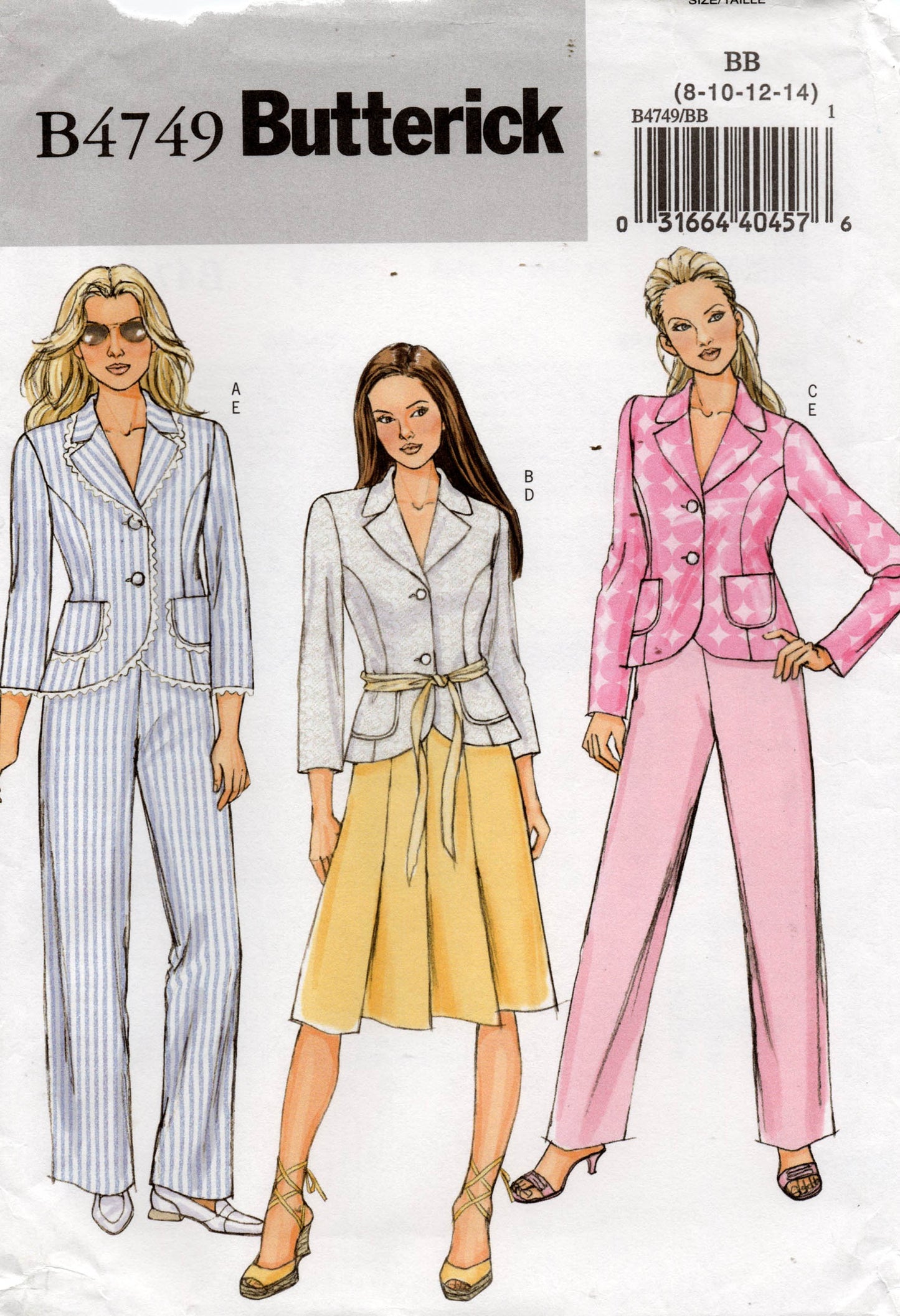 Butterick 4749 Womens Shaped Jacket Pants & Pleated Skirt Out Of Print Sewing Pattern Size 8 - 14 UNCUT Factory Folded