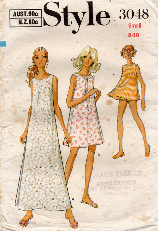Style 3048 Womens Nightdress in 3 Lengths & Panties 1970s Vintage Sewing Pattern Size Small 8 - 10