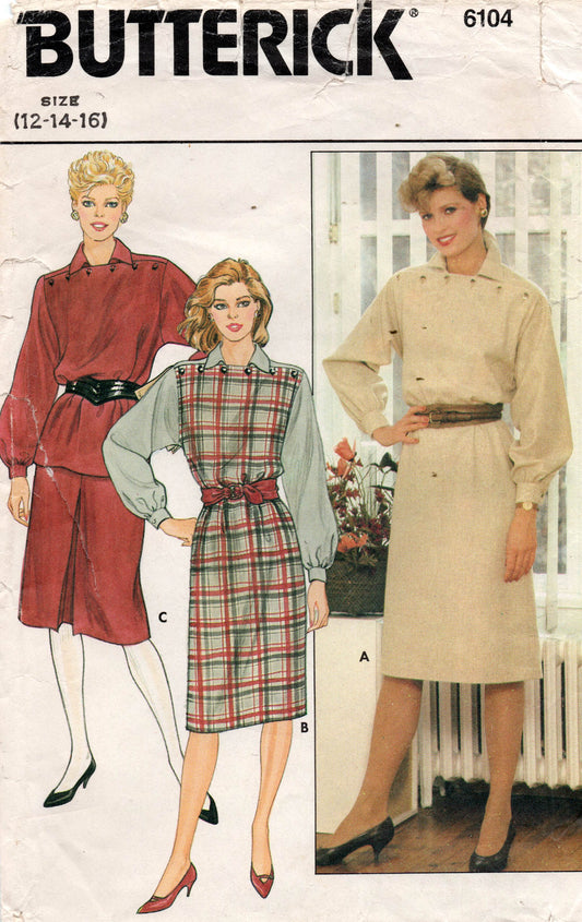 Butterick 6104 Womens Buttoned Neck Dress Top & Skirt 1980s Vintage Sewing Pattern Size 12 - 16