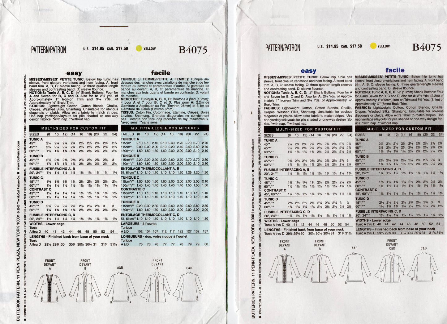 Patrón de costura de túnica estilo caftán para mujer Butterick B4075, agotado, talla 8-12, sin cortar, doblado de fábrica