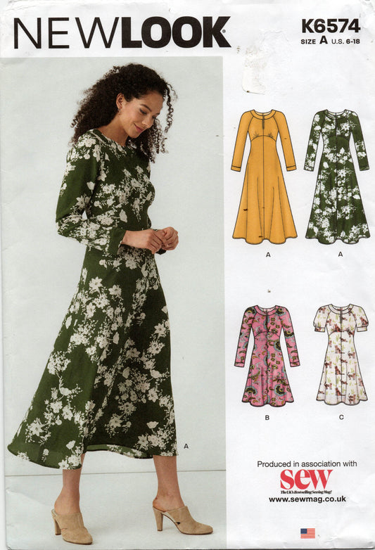 New Look 6574 Womens Curved Bodice Raglan Sleeved Dress Sewing Pattern Size 6 - 18 UNCUT Factory Folded