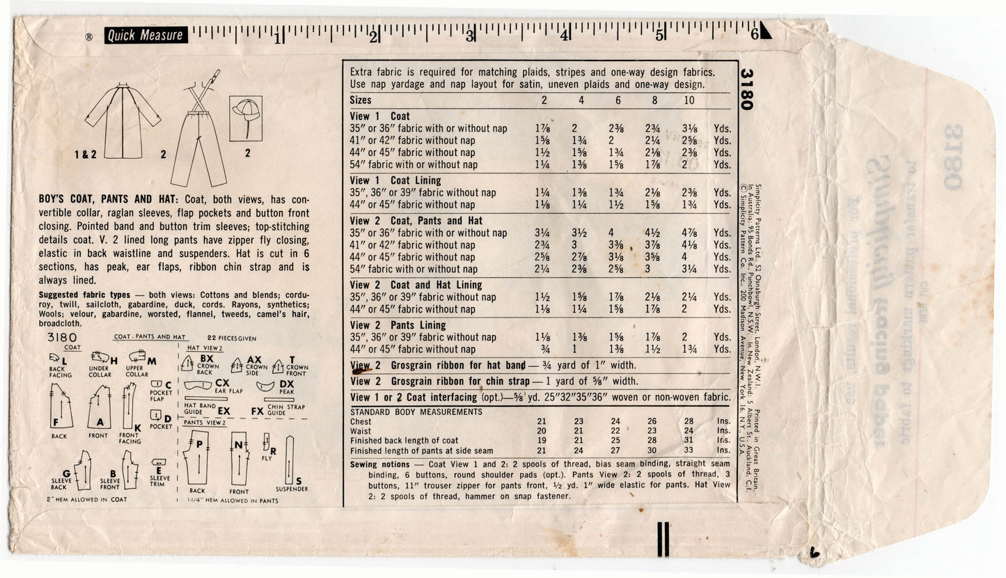 Simplicity 3180 Toddler Boys Overcoat Suspender Pants & Hat 1950s Vintage Sewing Pattern Size 4